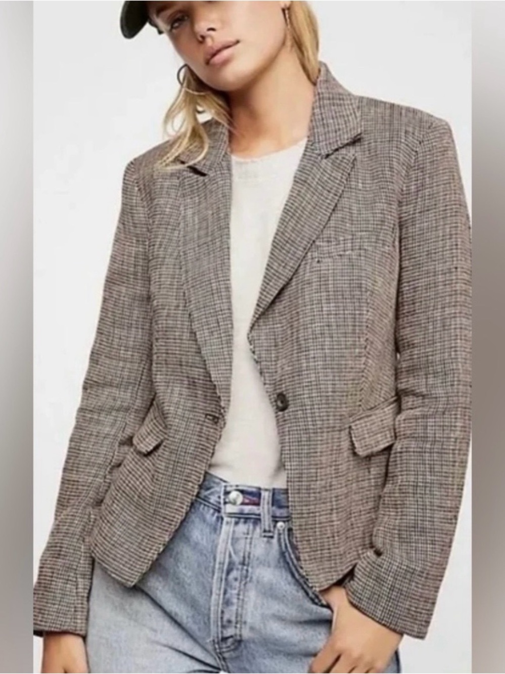 Free People Taupe/Brown Plaid Tailored Notch Blazer